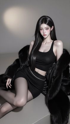 Woman with long black hair in a black crop top and mini skirt with a fur coat