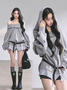 Woman in a gray off-shoulder top and rain boots, with a close-up of her in a hoodie