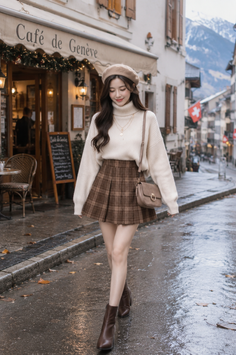 Woman in a beret and plaid skirt walking on a wet street in front of a cafe