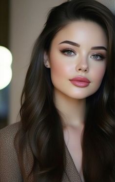 Woman with long dark hair and makeup in a soft lighting portrait
