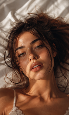 Woman with long hair and freckles lying down with soft lighting