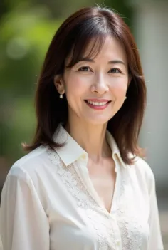 Woman with medium brown hair wearing a white shirt with lace detail and pearl earrings