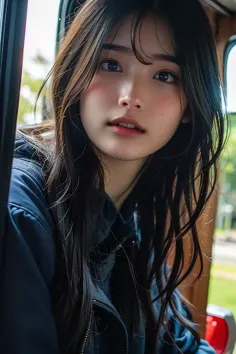 Young woman with long dark hair wearing a blue jacket, looking forward