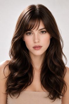 Woman with long wavy brown hair and bangs in a studio portrait