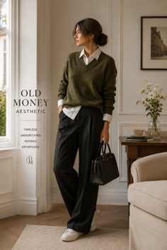 Woman in a green sweater and black pants holding a handbag indoors
