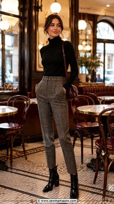 Woman in a black turtleneck and plaid pants standing in a cafe