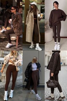 Collage of women in various brown leggings outfits and casual street style