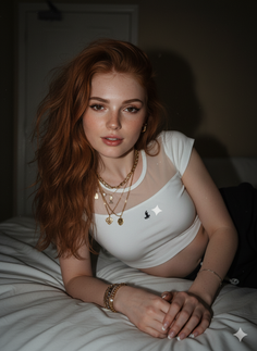 Woman with red hair wearing a crop top and gold jewelry, lying on a bed