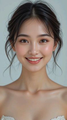Smiling woman with dark hair in an updo and soft lighting