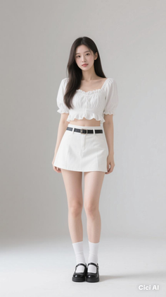 Woman with long dark hair wearing a white crop top and mini skirt in a studio