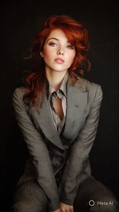 Woman with red hair and freckles wearing an open suit jacket and shirt