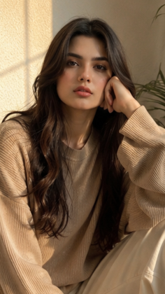 Woman with long brown hair wearing a beige sweater indoors with soft lighting