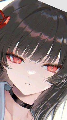 Anime girl with red eyes and black hair wearing a choker