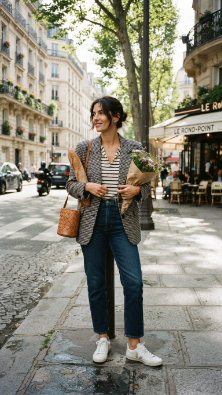 Woman holding a baguette and flowers on a city street