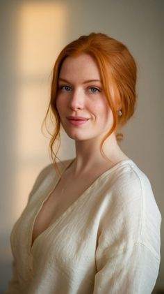 Woman with red hair and freckles wearing a light top with cleavage