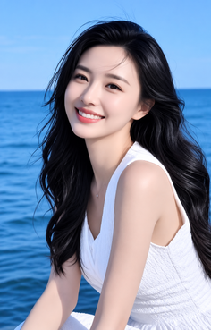 Woman with long black hair in a white dress smiling by the ocean
