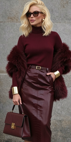 Woman with blonde hair and sunglasses wearing a burgundy outfit with a faux fur stole