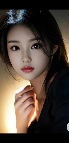 Woman with long black hair and a black top, looking directly at the viewer