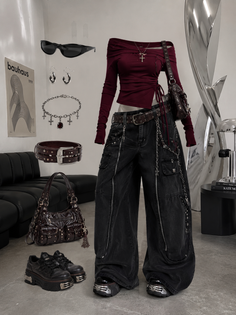 Gothic style outfit with cargo pants and an off-shoulder top