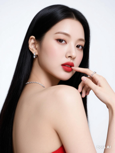 Woman with long black hair and red lipstick, looking over her shoulder