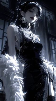 Anime style woman in a black dress with a pearl necklace and feather boa