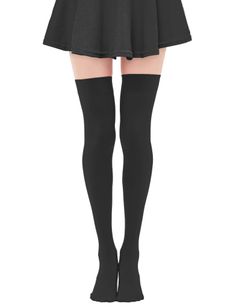 Person wearing a black skirt and thigh high socks on a white background