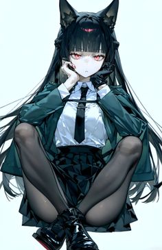 Anime girl with black hair and animal ears in a school uniform
