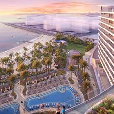 A 3D render of a luxury resort with a beach and swimming pools at sunset