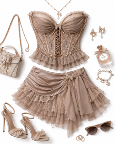 Elegant beige corset top and mini skirt with matching accessories