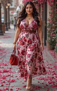 Woman in a pink floral dress walking on a street with scattered pink petals