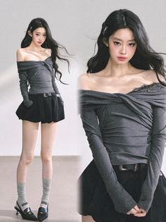 Woman with long black hair wearing an off-shoulder top and black mini skirt
