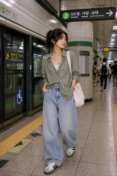 Woman in a loose shirt and baggy jeans at a subway station