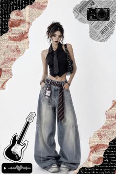 Woman in a black crop top and baggy jeans with a striped tie