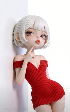 3D render of a character with white hair in a red off-shoulder dress