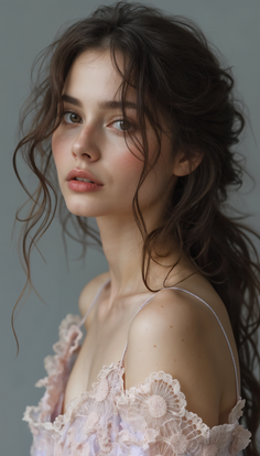 Woman with long curly hair wearing a delicate lace dress with soft lighting