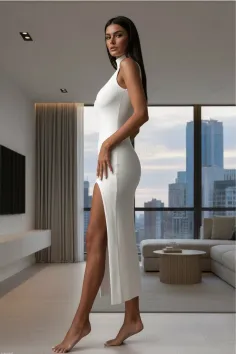 Woman in a white dress with a high slit standing barefoot in a modern apartment