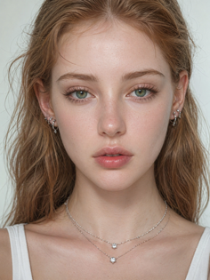 Close-up portrait of a woman with long hair and green eyes wearing jewelry
