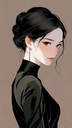 Illustration of a woman with black hair in an updo wearing a black turtleneck