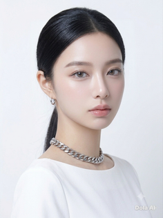 Woman with black hair in a ponytail wearing a silver choker and earrings