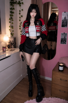 Woman in a racing jacket, crop top, and leather skirt with platform boots indoors