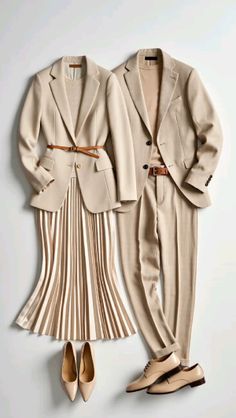 Matching beige outfits with a pleated skirt and dress pants, styled as a flat lay