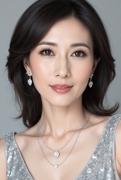 Woman with black hair wearing a silver dress and jewelry, looking at the camera