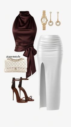 Fashion flat lay with a brown satin top, white ruched skirt, and accessories