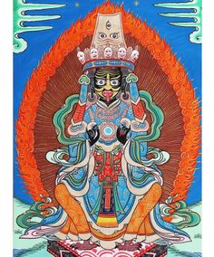 A colorful illustration of a Buddhist deity with a flame aura and intricate patterns