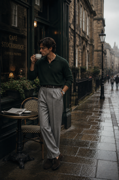 Man in a dark green polo shirt and grey trousers drinking coffee outside a cafe