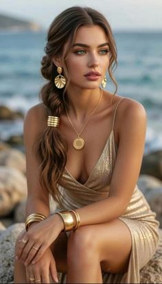 Woman with long brown hair and gold jewelry wearing a gold dress outdoors