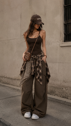 Woman in a brown tank top, cargo pants, and a baseball cap on a street