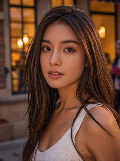 Woman with long brown hair wearing a white tank top outdoors