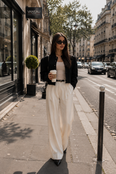 Woman in sunglasses and wide leg pants walking on a city street