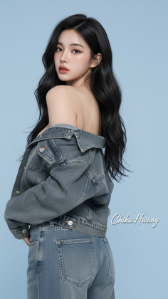 Woman with long black hair wearing a denim jacket off her shoulders